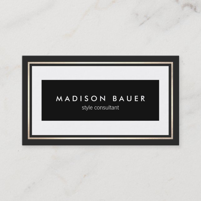 Professional Elegant Black and White Gold Border Business Card (Front)