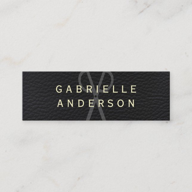 Professional Elegant Black Leather with Bold Text Mini Business Card (Front)