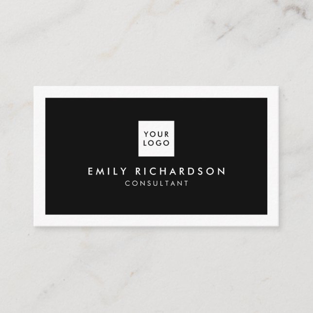 Professional elegant black plain white border logo business card (Front)