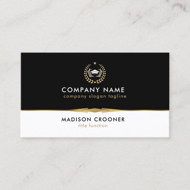 Professional Elegant Black White Gold Custom Logo Business Card (Front)