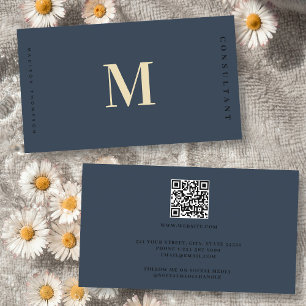 Professional Elegant Blue Gold Monogram QR Code Business Card