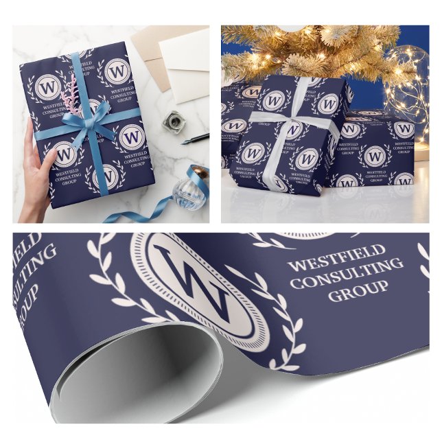 Professional Elegant Business Monogram Gift Wrap (Professional Elegant Business navy blue corporate marketing advertising swag modern simple wrapping )