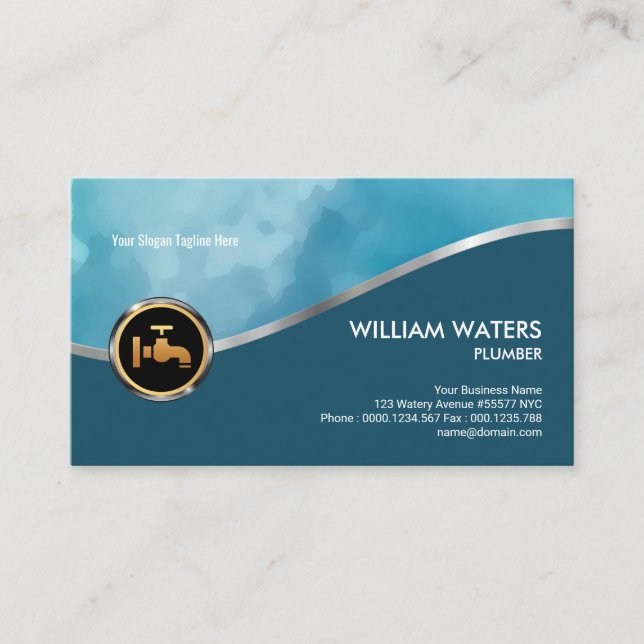 Professional Elegant Cyan Silver Wave Plumber Business Card (Front)