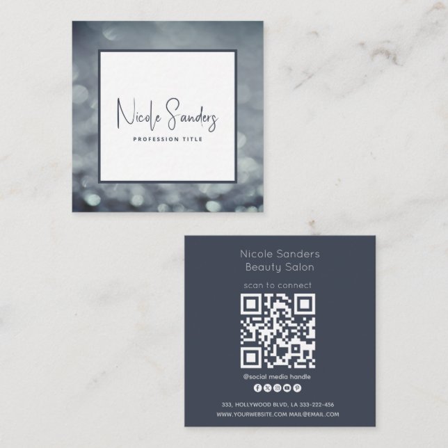 Professional elegant  minimalist  bokeh QR code Square Business Card (Front/Back)