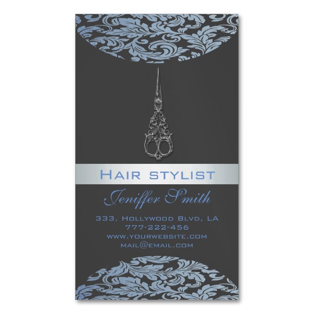 Professional elegant modern chic damask scissors magnetic business card (Front Vertical)