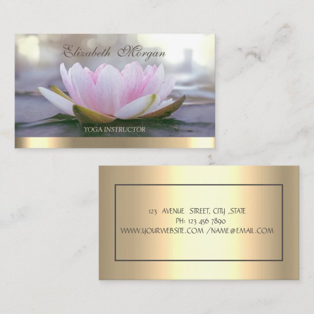 Professional Elegant Pink Lotus,Gold Stripe Yoga Business Card (Front/Back)