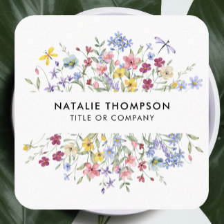 Professional Elegant Watercolor Wildflower QR Code Square Business Card