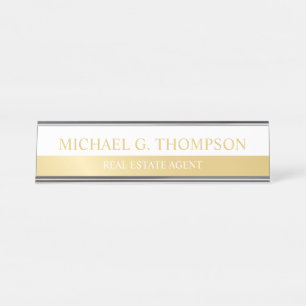 Professional Elegant White and Gold Desk Name Plate