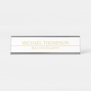 Professional Elegant White and Gold Desk Name Plate