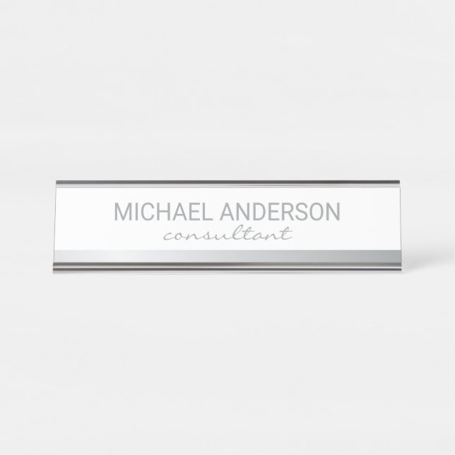 Professional Elegant White and Silver Desk Name Plate (Front)