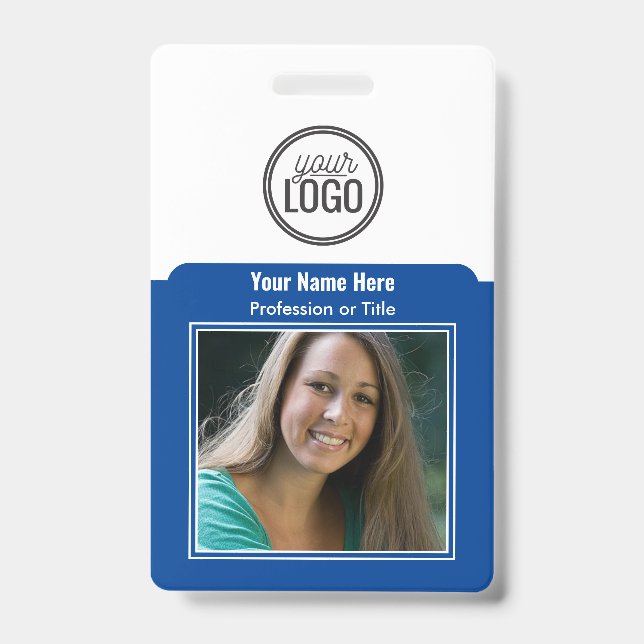 Professional Employee Logo Photo Barcode Dark Blue ID Badge (Front)
