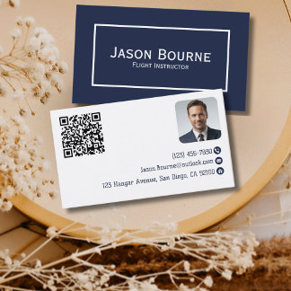 Professional Employee Photo QR Code Blue Aviation  Business Card