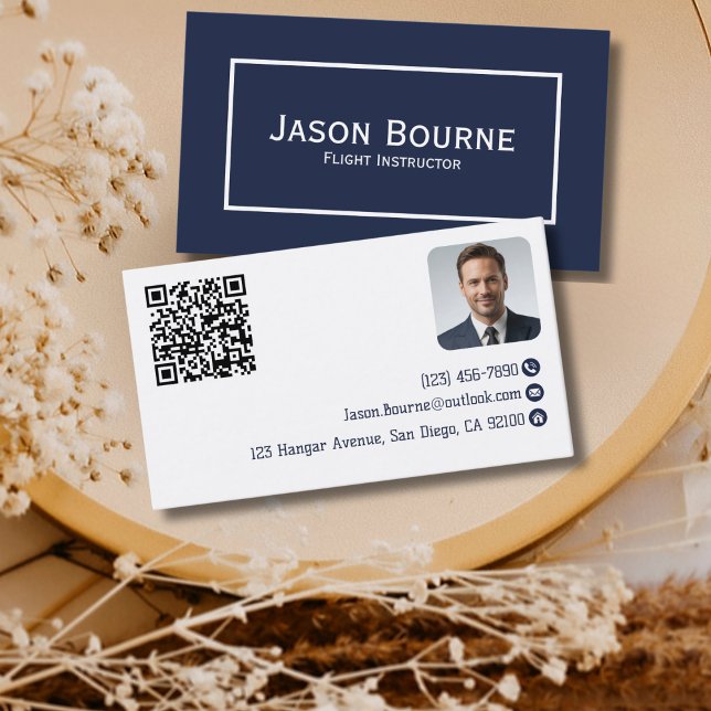 Professional Employee Photo QR Code Blue Aviation  Business Card (Creator Uploaded)