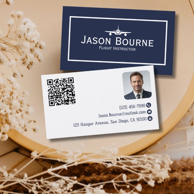Professional Employee Photo QR Code Blue Aviation  Business Card (Creator Uploaded)