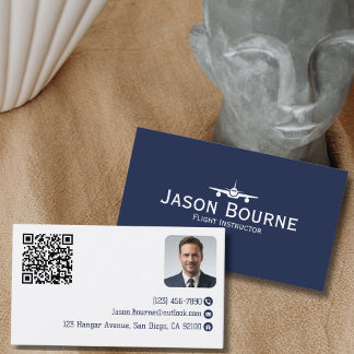 Professional Employee Photo QR Code Blue Aviation  Business Card