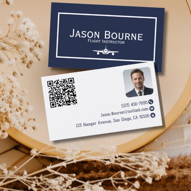 Professional Employee Photo QR Code Blue Aviation  Business Card (Creator Uploaded)
