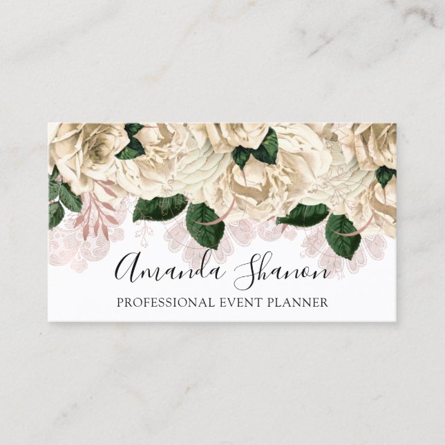 Professional Event Planner Rose White Logo QRCode  Business Card (Front)
