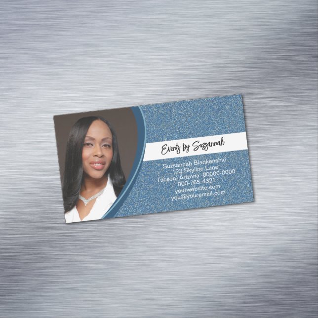 Professional Faux Blue Glitter Custom Photo Magnetic Business Card (In Situ)
