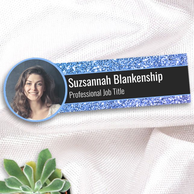 Professional Faux Blue Glitter Custom Photo Name Tag (Creator Uploaded)