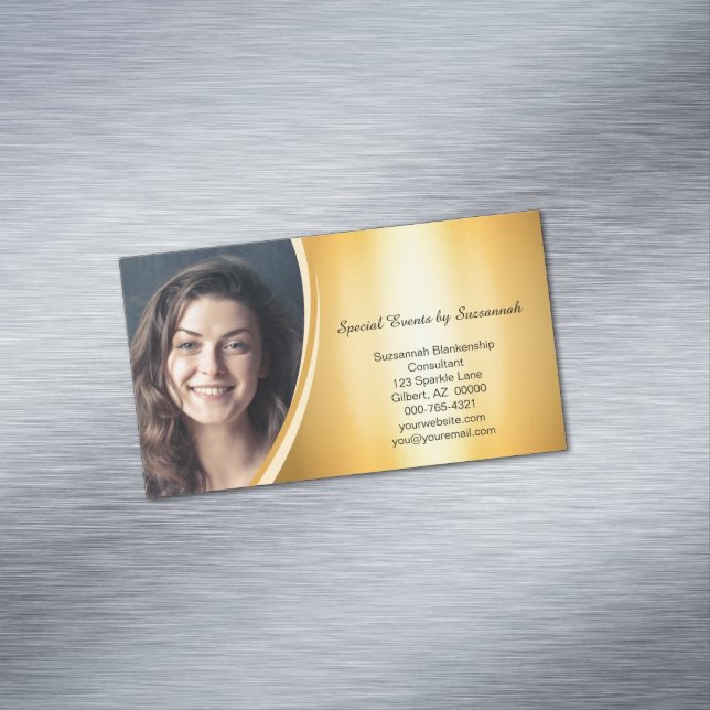 Professional Faux Gold Flare Custom Photo Magnetic Business Card (In Situ)