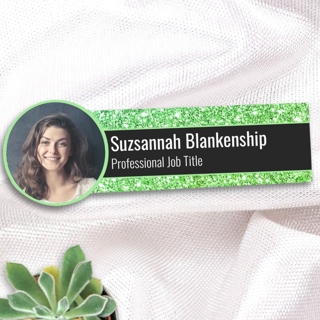 Professional Faux Green Glitter Custom Photo Name Tag (Creator Uploaded)
