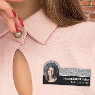 Professional Faux Silver Glitter Custom Photo Name Tag