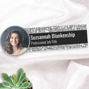 Professional Faux Silver Glitter Custom Photo Name Tag