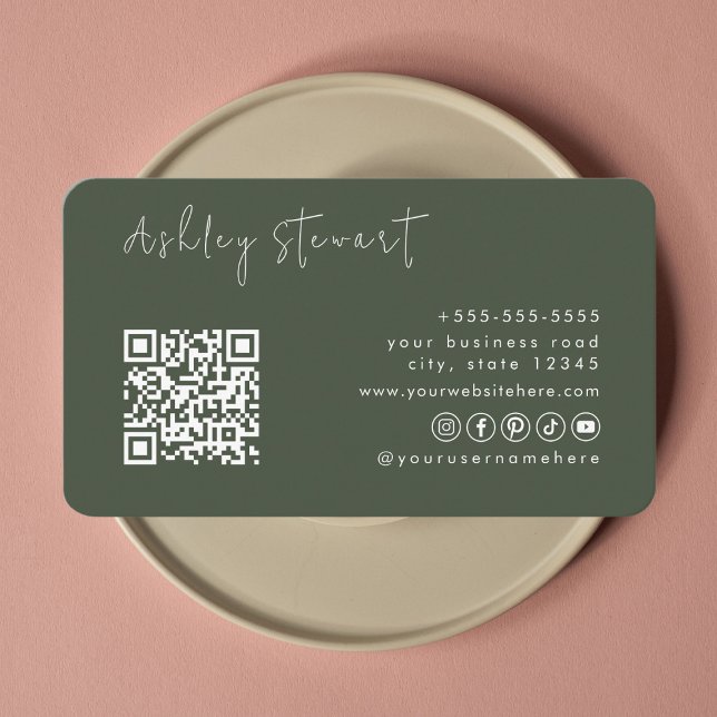 Professional Forest Green Qr Code Minimal Script Business Card (Creator Uploaded)