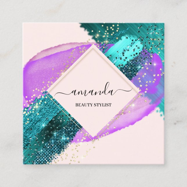 Professional Framed Gold Beauty Logo Purple Teal Square Business Card (Front)