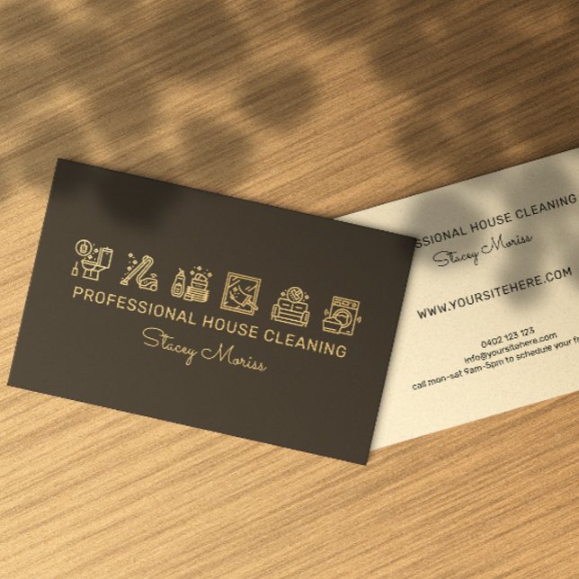Professional Gold And Black House Keeper Cleaning  Business Card (Creator Uploaded)