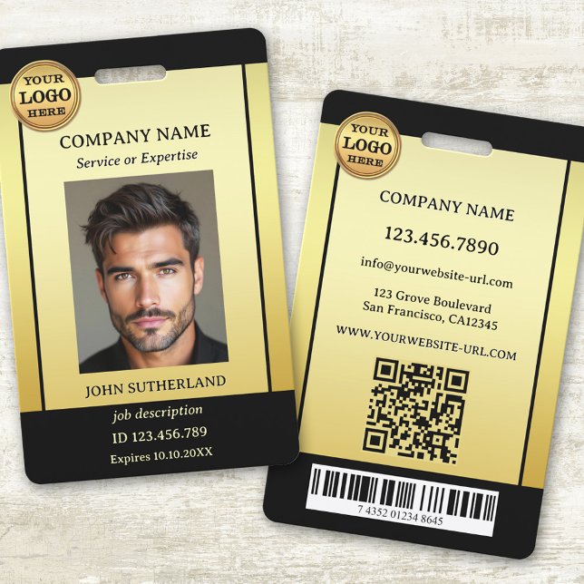 Professional Gold Black Photo ID Badge (Professional staff photo ID badge featuring your photo and logo on a gold and black design)