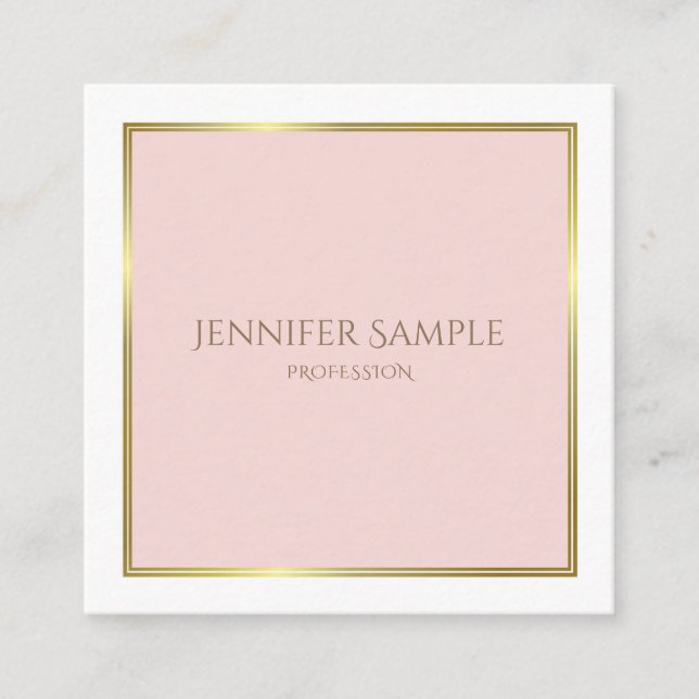 Professional Gold Blush Pink White Luxe Plain Square Business Card (Front)