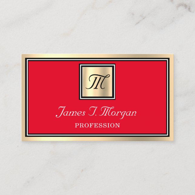 Professional Gold Brown Red VIP Framed Monogram Business Card (Front)
