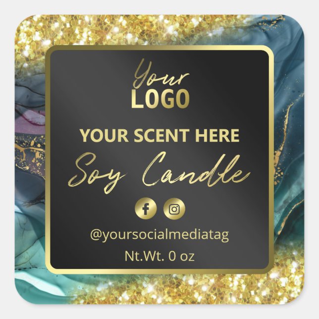 Professional Gold Glitter Teal Soy Candle Labels (Front)