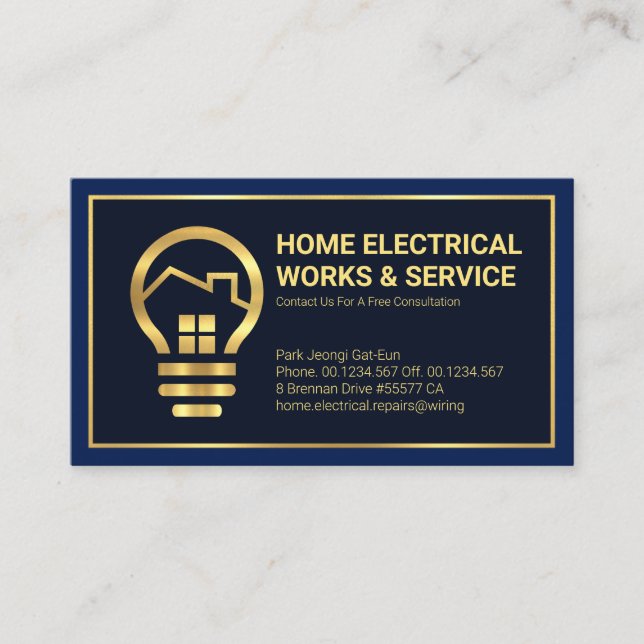Professional Gold Home Bulb Electrician Business Card (Front)