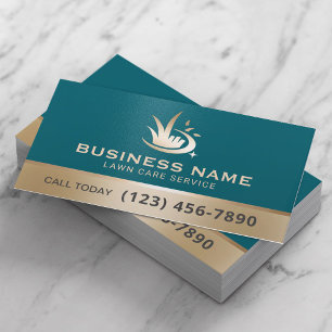 Professional Gold Lawn Care Logo Teal Landscaping Business Card