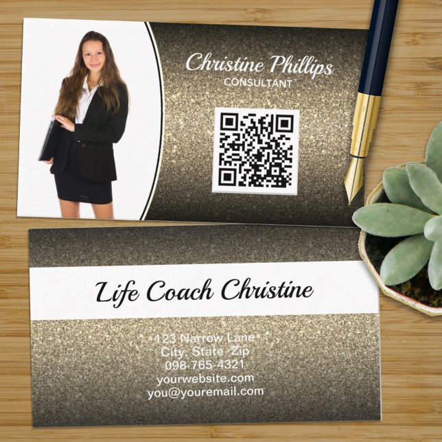 Professional Gold Ombre Glitter Custom Photo QR Business Card (Creator Uploaded)