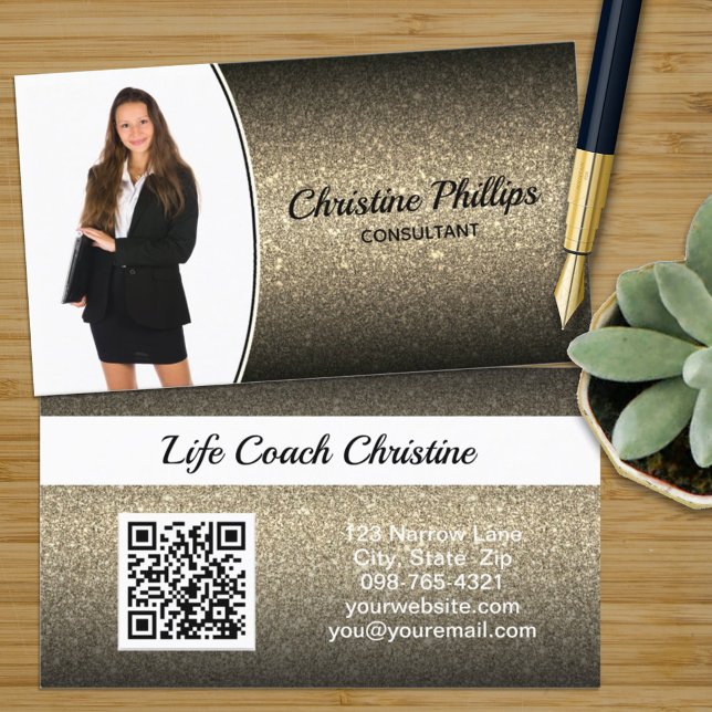 Professional Gold Ombre Glitter Custom Photo QR Business Card (Creator Uploaded)