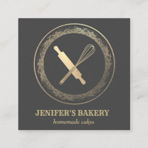 Professional gold rolling pin whisk chef bakery square business card