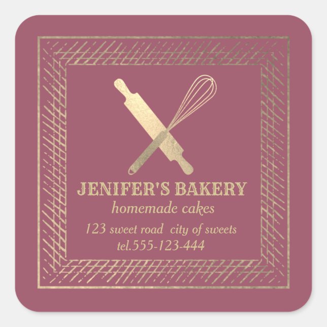Professional gold rolling pin whisk chef bakery square sticker (Front)