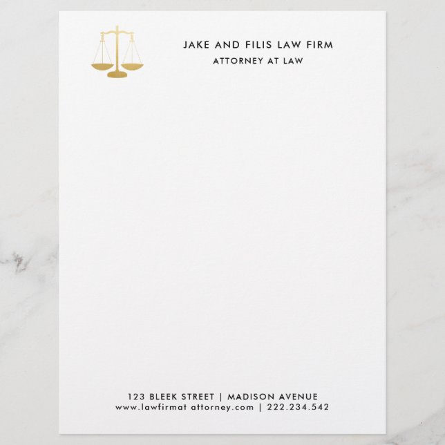 Professional Gold Scales Attorney Law Firm Custom Letterhead (Front)