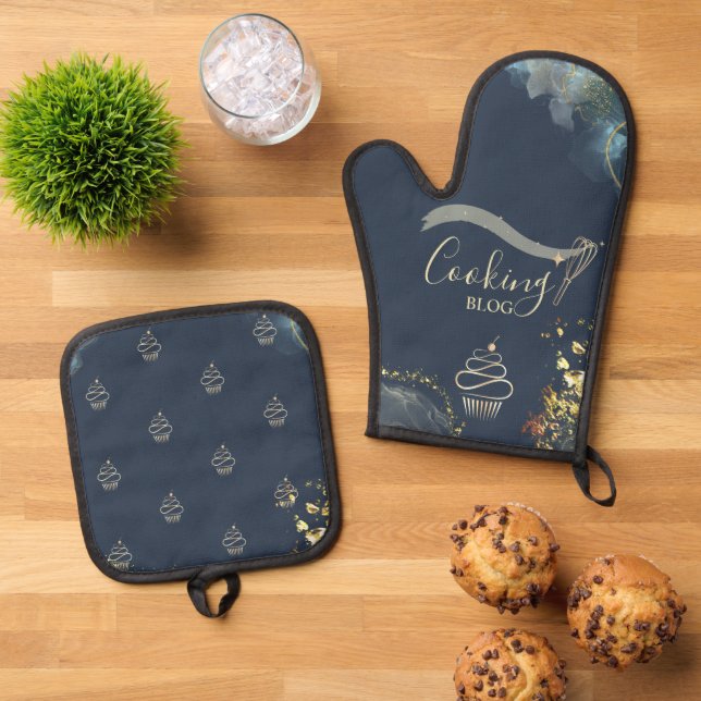  Professional,Gold Whisk,Cupcake,Cooking Blue Oven Mitt & Pot Holder Set (Top Down)