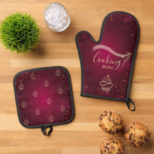 Professional,Gold Whisk,Cupcake,Cooking Burgundy Oven Mitt & Pot Holder Set