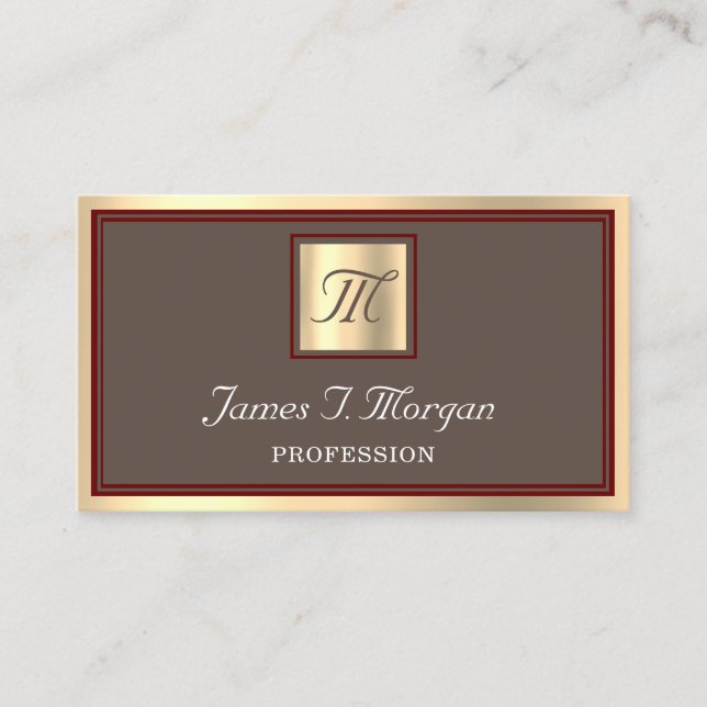 Professional Golden Coffee Framed Maroon Monogram Business Card (Front)