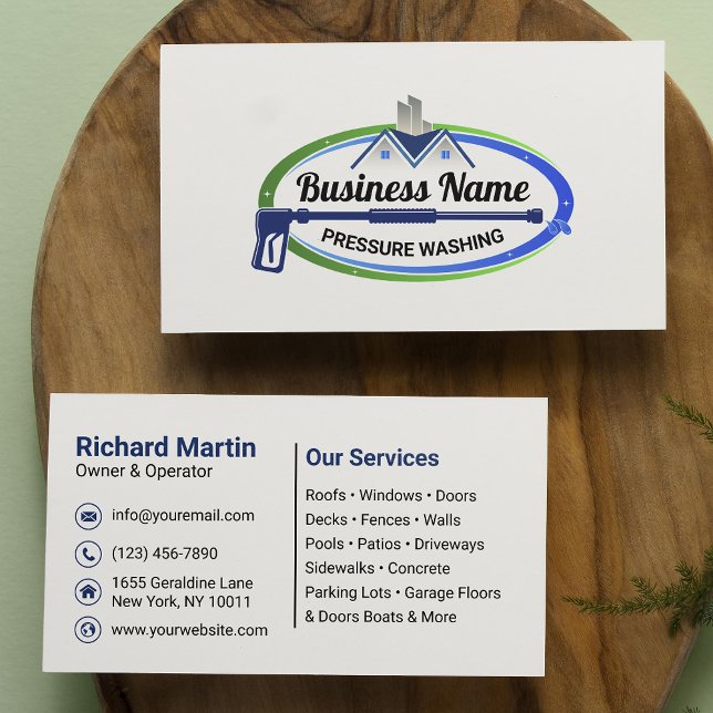 Professional Green Blue Pressure Washing Service Business Card (Creator Uploaded)