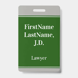 Professional, Green, Custom Lawyer Name Badge ID Badge