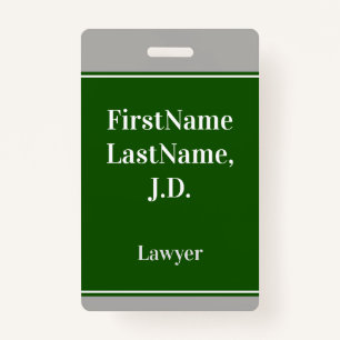 Professional, Green, Custom Lawyer Name Badge ID Badge