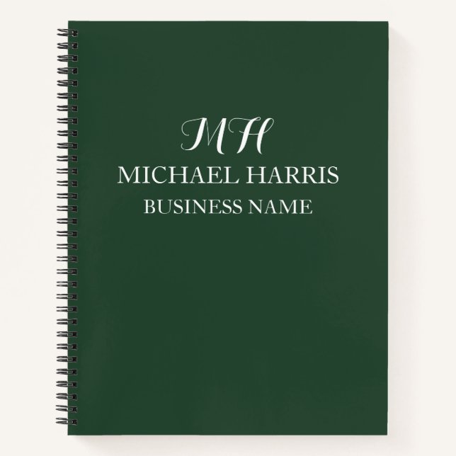 Professional Green Monogram Initial Business Notebook (Front)