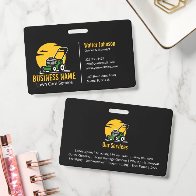 Professional Green Mowing Service Yellow Sun ID Badge (Office)