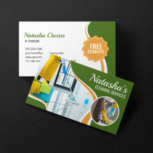 Professional Green & Orange Cleaning Services Maid Business Card